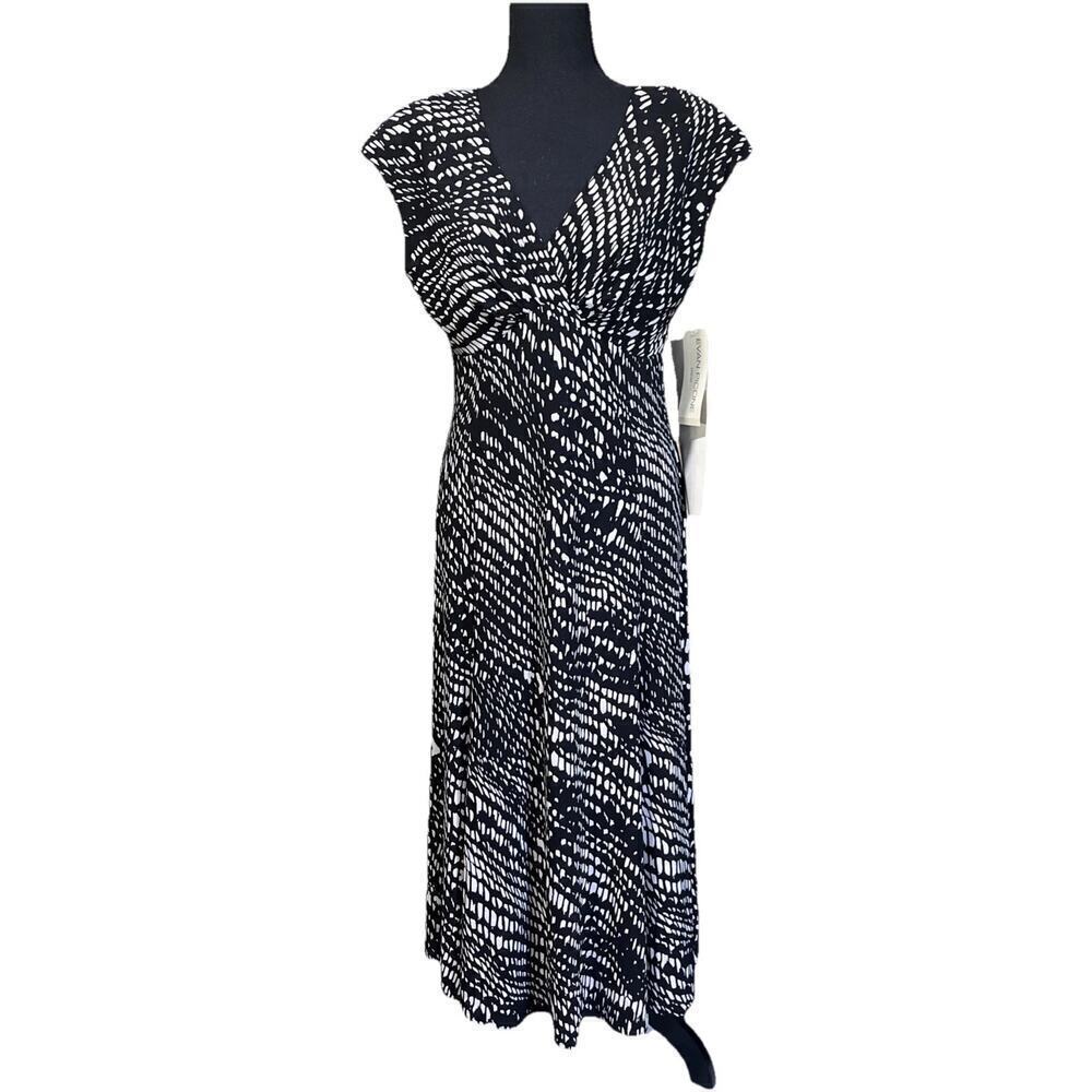 Evan Picone Babydoll Midi Dress Black Size 8 Artsy Print Resort Y2K Stretch